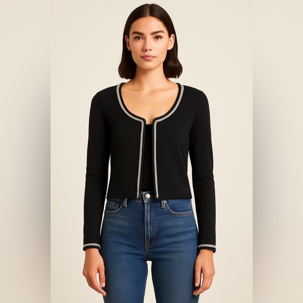 Maison Scotch Black Open Front Cardigan with Silver Trim - Size 1